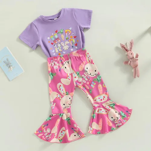 Vista 2 de MOREELUCK Conjunto de pantalones de Pascua para bebé niña, camiseta gráfica de conejo, pantalones acampanados con diadema, trajes de vacaciones