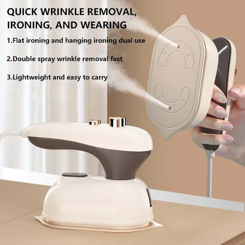 Vista 4 de Vaporizador de ropa de mano de hierro pequeño para ropa, plancha portátil con doble pulverizador, mini máquina de planchar para ropa, vaporizador