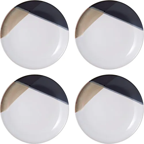 Vista 6 de Mikasa Gourmet Basics Caden - Juego de vajilla de cerámica de 16 piezas, servicio para 4, centro blanco brillante con esmalte reactivo de dos tonos
