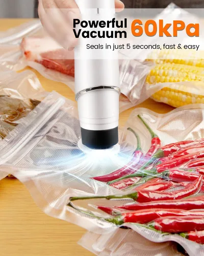 Vista 3 de Sellador al vacío portátil para alimentos, 10 bolsas selladoras reutilizables con una potente máquina selladora al vacío de mano de 60 kPa, sellador