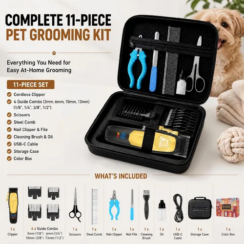 Vista 6 de Kit de aseo para perros, gatos, mascotas, cortapelos inalámbricos Negro dorado