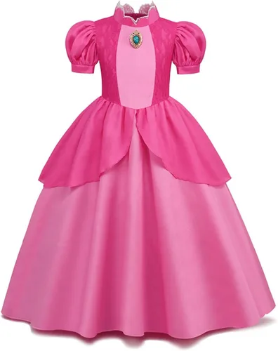 Vista 3 de Super Bros - Disfraz de princesa melocotón para niñas, disfraz de Halloween de lujo con accesorios