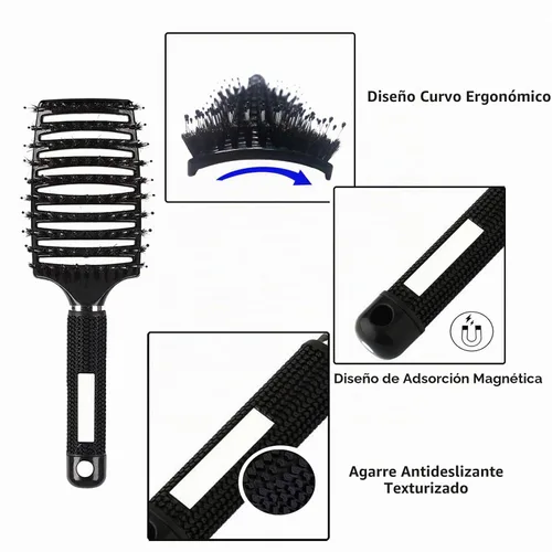 Vista 4 de 2 cepillos curvos ventilados para el cabello, cerdas de jabalí, cepillo desenredante de pala, cepillo profesional desenredante para Dorado+Negro