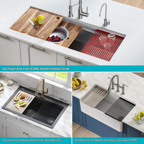 Vista 8 de Kraus Multiusos Escurreplatos Enrollable para Fregadero con Colador y Esterilla en Aqua, KRM-11AQ Aguamarina