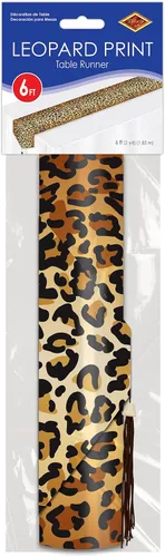 Vista 6 de Beistle Camino de mesa de papel con estampado de leopardo, decoración de mesa con temática de safari y selva con detalles de borlas, tema