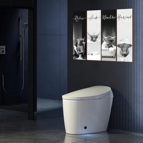 Vista 5 de YLOLUL Letreros de baño de vaca de las montañas de 4 piezas, decoración rústica de granja para el hogar, cuarto de servicio y baño