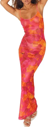 Vista 2 de Vestido largo vintage ajustado para mujer, sin mangas, con tirantes delgados, estampado floral, cóctel, fiesta, club