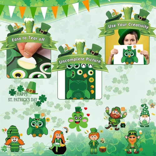 Vista 5 de NOVWANG Calcomanías del día de San Patricio para niños, 48 calcomanías de trébol y cara, manualidades para recuerdos de fiesta irlandeses