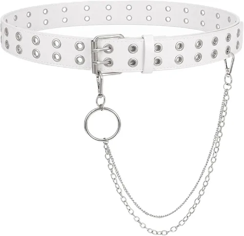 Vista 9 de WHIPPY Double Grommet Belt for Women Men PU Leather Double Prong Buckle Vintage Punk Rock Jeans Belts with Chain A-Negro