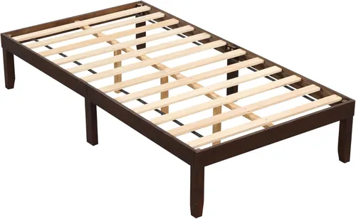 Vista 10 de KOMFOTT Base de cama de madera tamaño twin con cabecero, base de cama de plataforma de madera de acacia sólida, base de cama soportada por listones