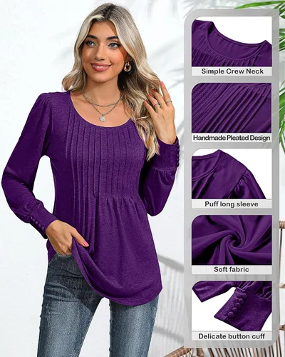 Vista 6 de Ficerd Blusa plisada de manga corta abombada para mujer, cuello redondo, elegante, casual, holgada, para primavera y verano