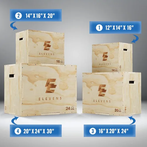 Vista 7 de Elevens Caja pliométrica de madera 3 en 1 para saltar, saltar, saltar, estocadas, saltos de caja, sentadillas, escalones, inmersiones