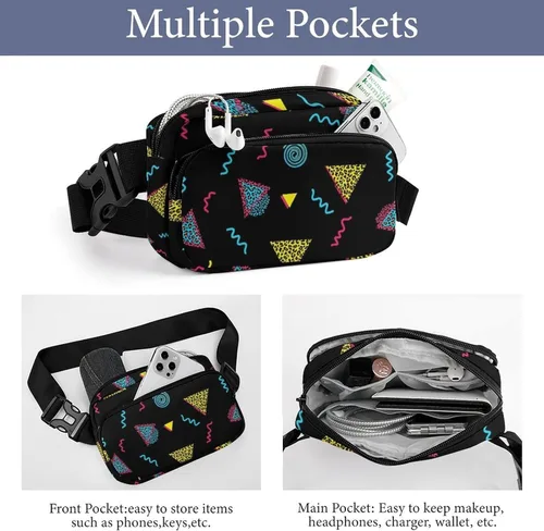 Vista 3 de Fashionable Crossbody Fanny Pack for Women Men Lightweight Belt Bag Black Retro 80s 90s Waist Pack Gym Backpack for Hiking Cycling