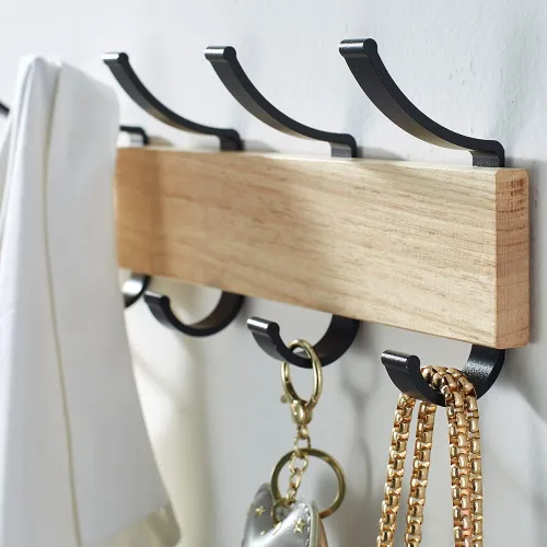 Vista 8 de Perchero de madera maciza para colgar en la pared, colgador de entrada, perchero de madera de metal con 5 ganchos de aluminio negro para bufanda