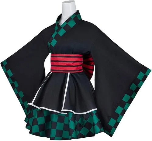 Vista 2 de BYHai Kimono de anime japonés Lolita Demon Slayer Kamado Tanjirou Cosplay Kimono Maid Cosplay