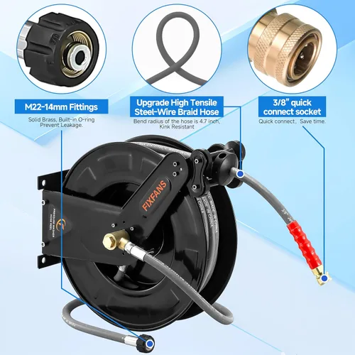 Vista 4 de FIXFANS Carrete de manguera para lavadora a presión con manguera para agua fría y caliente, 3/8 pulgadas x 50 pies, carrete de manguera de lavado