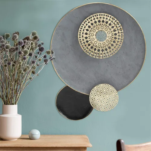 Vista 8 de MODERNIST HOME - Roundeles flotantes, escultura de pared de metal, decoración, detalles dorados dorados, gris brillante y negro, detalles