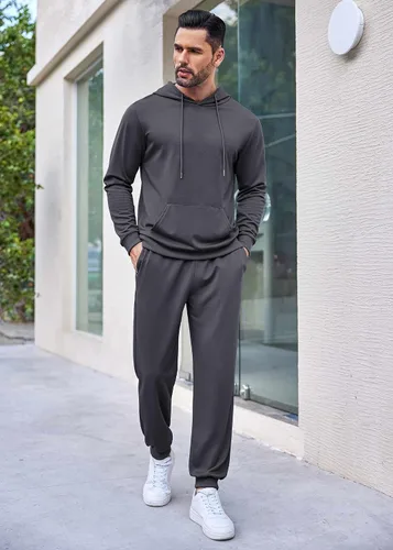 Vista 2 de COOFANDY Conjunto deportivo de 2 piezas de manga larga para hombre, conjunto casual con capucha