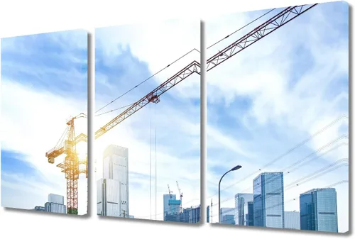 Vista 35 de TUMOVO Arte de pared con diseño de grúa para dormitorio, 3 piezas de grúa pesada al anochecer en un sitio de construcción, póster, pintura, arte