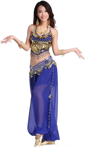 Vista 7 de Traje para danza árabe ZLTdream para mujeres, de chifón, top venda y pantalones anchos con monedas