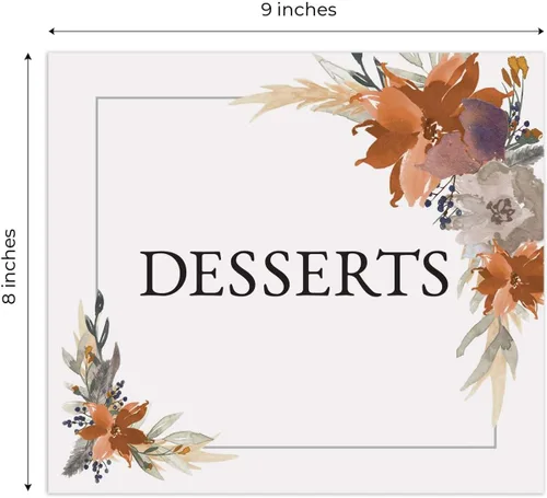 Vista 5 de Letrero de postres florales de otoño indie / 8 x 9 pulgadas, letrero de evento de boda de moda, con plumas de otoño bohemio, para postres, postres
