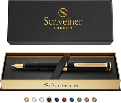 Vista 9 de Scriveiner Pluma Estilográfica EDC de Lujo (Mediana), Impresionante Pluma de Bolsillo Negra de Lujo, Chapado en Oro Real, Plumín Dorado Schmidt 1.