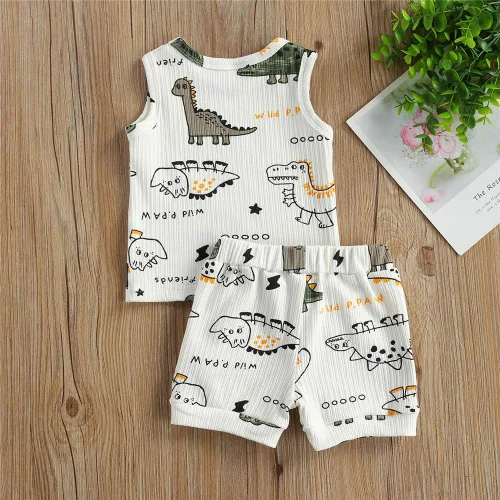 Vista 3 de Conjunto de 2 piezas de ropa de verano, con letras impresas, camiseta sin mangas y pantalón corto, para bebé