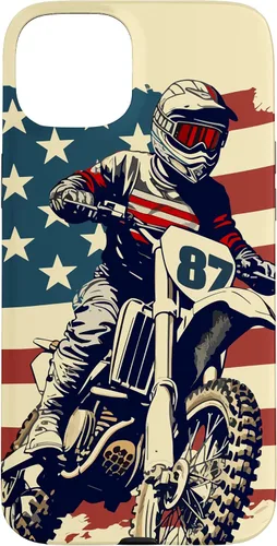 Vista 9 de Funda vintage para iPhone 16 Motocross Rider Dirt Bike con bandera estadounidense