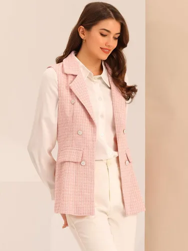Vista 3 de Allegra K Chaleco vintage de tweed para mujer, con frente abierto, a cuadros, sin mangas, cárdigan casual para el trabajo