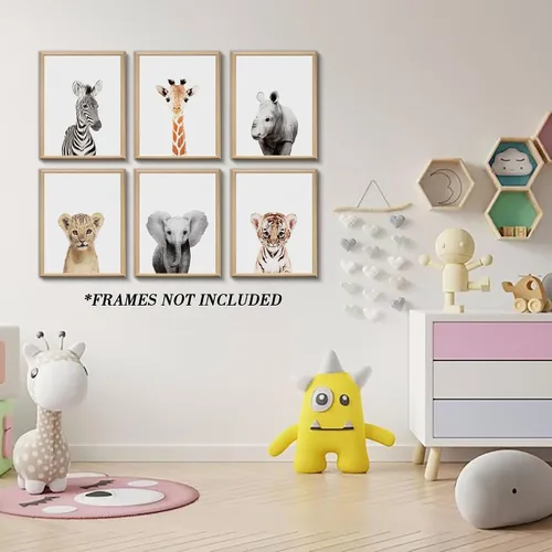 Vista 5 de Decoración de pared de guardería de jungla, lindos animales de safari para la decoración del dormitorio del bebé (8"x10", SIN MARCO)