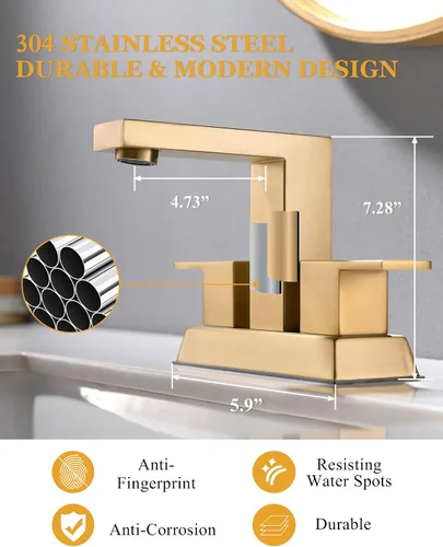 Vista 2 de Tohlar Grifo de baño de oro cepillado de 2 manijas y 4 pulgadas con drenaje desplegable y 2 mangueras sin plomo