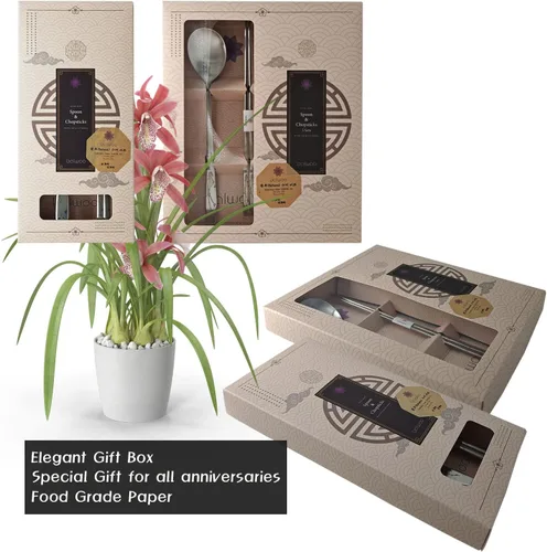 Vista 7 de [1 Set] [Hecho en Corea] Juego de palillos de cuchara de arroz pegajosa de estilo coreano con diseño de orquídea, juego de cubiertos de acero
