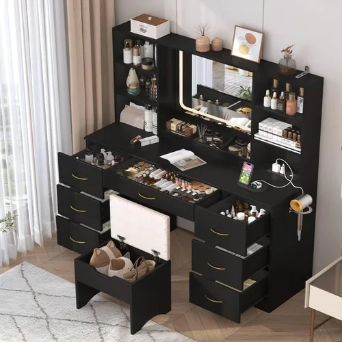 Vista 5 de chartustriable Escritorio grande de maquillaje de 47 pulgadas con espejo LED inteligente y estación de carga, juego de mesa negra con taburete