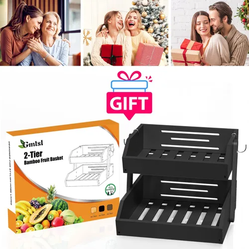 Vista 7 de Gmtsl Cesta de frutas de bambú para cocina, frutero de 2 niveles para encimera de cocina, soporte grande para frutas con 2 ganchos para plátanos