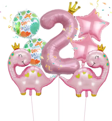 Vista 9 de 7 globos de dinosaurio con corona rosa, globos de aluminio Mylar para cumpleaños de niñas, suministros de primera fiesta color rosa
