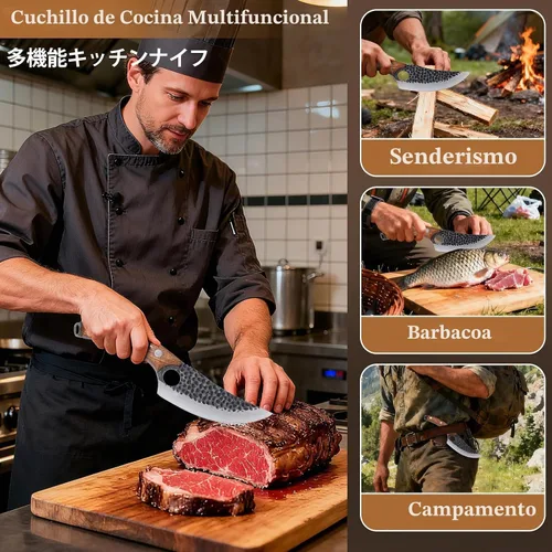 Vista 7 de cuchillo de chef de cocina para deshuesar, cortar y cortar, cuchillo de carnicero forjado a mano, cuchillo japonés de acero inoxidable para cocinar