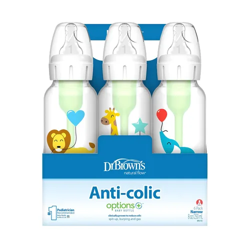 Vista 8 de Dr. Brown's Natural Flow Anti-Colic Options+ Biberones estrechos de 8 oz/8.5 fl oz, con boquilla de flujo lento de nivel 1, paquete de 6, juego