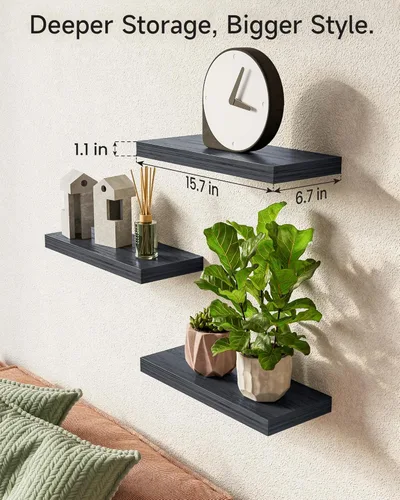 Vista 3 de BAYKA Estantes flotantes para pared, estantes de madera rústica montados en la pared para baño, dormitorio, sala de estar, cocina, estante colgante