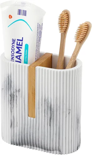 Vista 13 de Portacepillos de dientes para baño, soporte eléctrico de bambú para cepillos de dientes, color negro