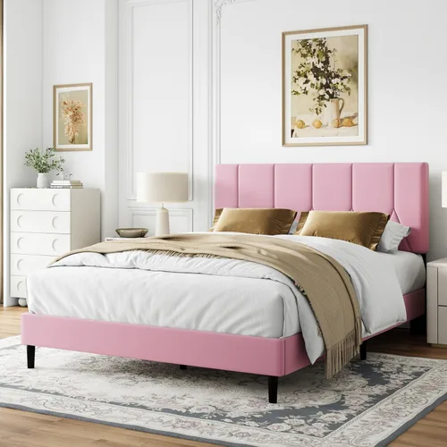 Vista 13 de IOILORI Base de cama tamaño matrimonial con cabecera tapizada de terciopelo, listones de madera resistentes, sin caja de resortes, sin ruido, fácil
