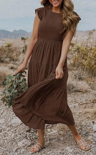 Vista 3 de MEROKEETY - Vestido midi fruncido de manga corta para mujer, vestido de verano casual, acampanado, con cintura elástica y escalonado
