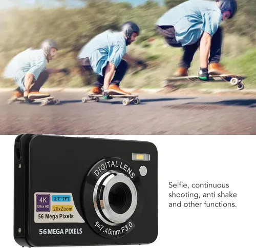 Vista 8 de Cámara digital, video 4K de 56 MP con zoom de 20x, pantalla LCD de 2.7 pulgadas, cable USB, compacto, almacenamiento de 128 GB, color negro