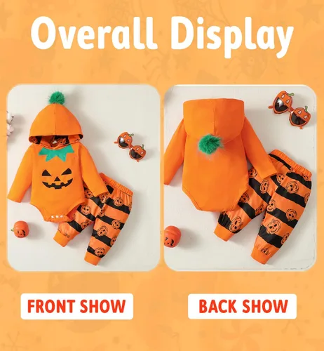 Vista 2 de Traje de Halloween para niño recién nacido, ropa de calabaza