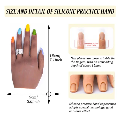 Vista 2 de Mano de práctica de uñas de silicona para uñas acrílicas, manos de maniquí profesional para práctica de uñas con soporte ajustable, mano falsa