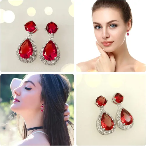 Vista 5 de VONSSY Aretes colgantes de gota Piedras preciosas de gota de agua chapadas en oro blanco cristal colgante de circonita cúbica hipoalergénico