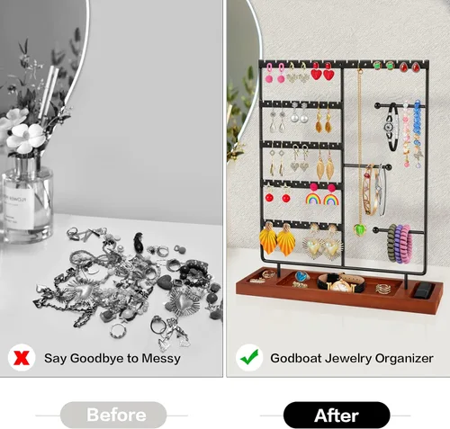 Vista 5 de Godboat Organizador de joyas, organizador de aretes con 44 agujeros, soporte de pulsera de 3 filas y organizador de collares, base de madera