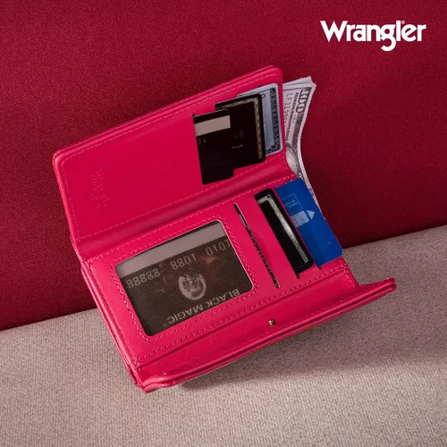 Vista 6 de Wrangler Billeteras de triple pliegue para mujer, tarjetero pequeño, Retro rosa intenso, Minimalista