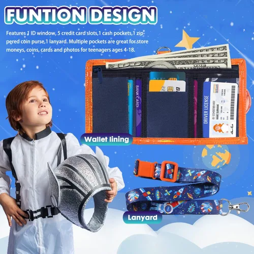 Vista 3 de YOYTOO Billetera para niños de 4 a 18 años de edad, triple pliegue, billeteras de lona para niños, novedosas carteras, regalos para niños, Space