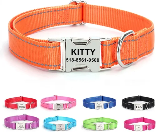 Vista 15 de Collar personalizado para perro con etiqueta de nombre, collar de nailon reflectante para mascotas, collares de perro con hebilla dorada grabada
