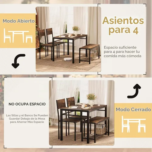 Vista 6 de Shahoo Mesa de cocina y 2 sillas para 4 personas con banco, juegos de comedor de 4 piezas para espacios pequeños, color marrón
